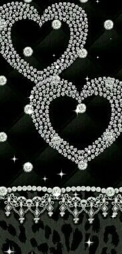 Black mobile wallpaper with rhinestone hearts and leopard print.