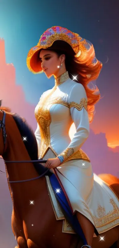 Elegant female rider in golden attire against a colorful sunset background.