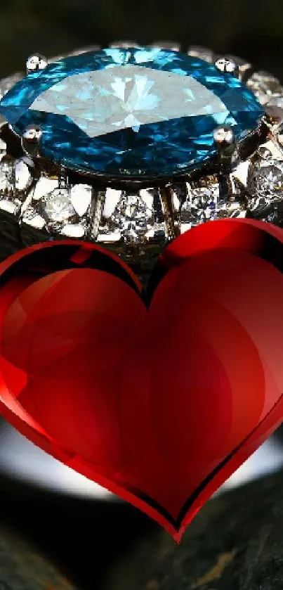 Diamond ring with red heart, stone background wallpaper.