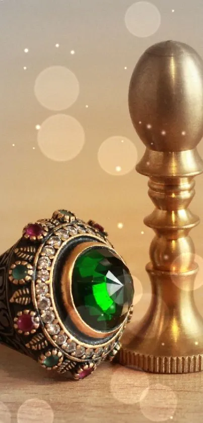 Green gemstone ring with a golden ornament on soft beige background.