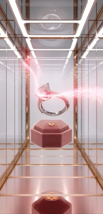 Elegant wallpaper of a glowing diamond ring in a mirrored setting.