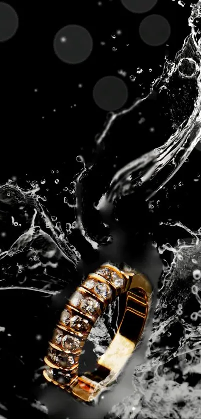 Gold ring with water splash on black background.