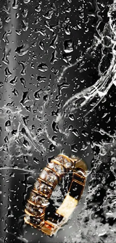 Gold ring amidst dynamic water splashes on black background.