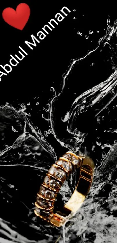 Elegant gold ring in water splash with black background.