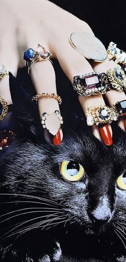 Luxurious rings on a black cat with striking eyes.