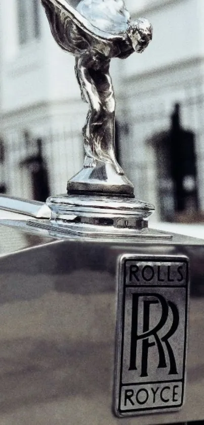 Close-up of Rolls Royce emblem on car hood.