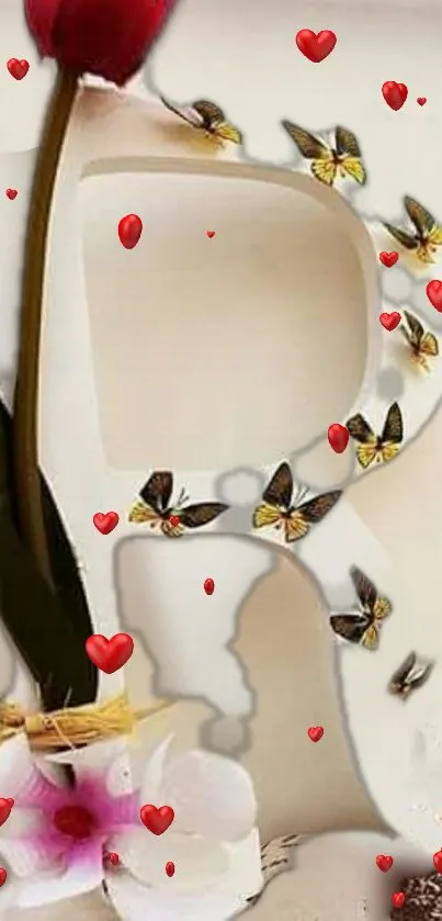 Elegant wallpaper with red hearts, butterflies, and flowers on cream background.