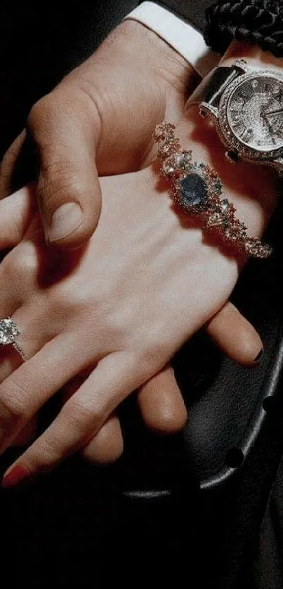 Romantic elegant hands with watches and jewelry in a sophisticated setting.