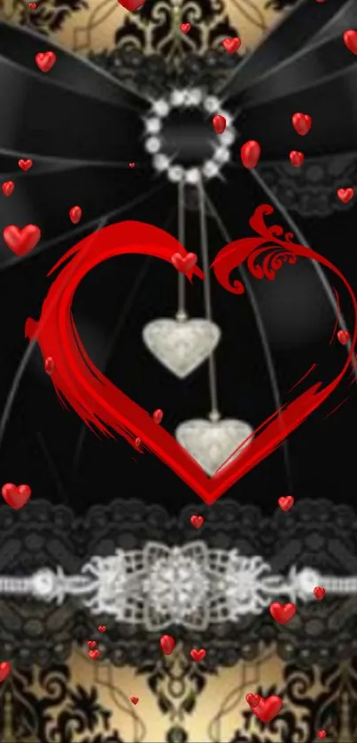 Elegant black bow with red hearts and lace design mobile wallpaper.