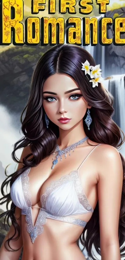Elegant woman in romantic nature setting with waterfall.