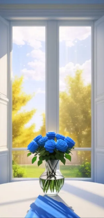 A sunlit room with blue roses on a table, framed by a window with golden trees outside.