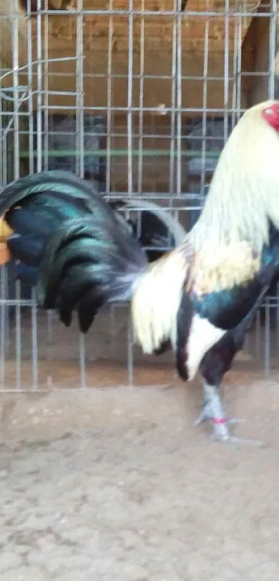 Majestic rooster with vibrant feathers in a cage setting.