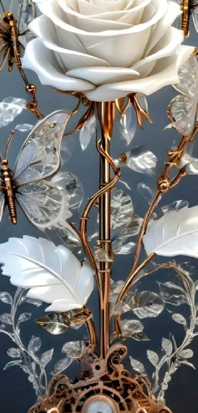 White rose with metallic butterflies sculpture art.