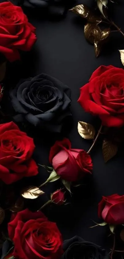 Elegant black wallpaper with red roses and gold accents.