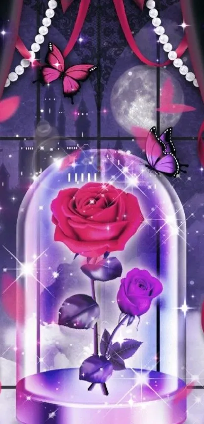 Elegant wallpaper with roses, butterflies and a purple background.