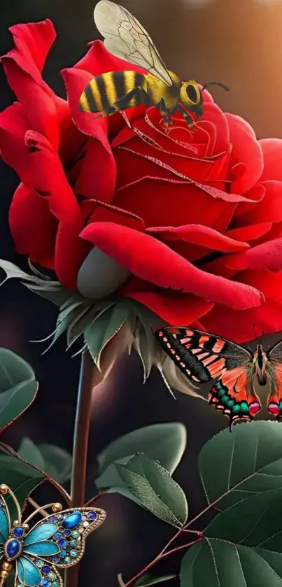 Artistic wallpaper with a red rose, butterflies, and a bee in a natural setting.