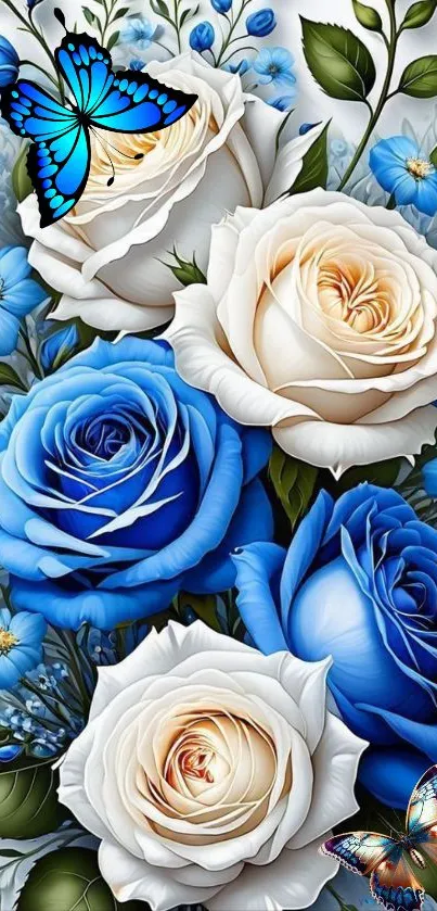 Mobile wallpaper with blue and white roses and butterflies.