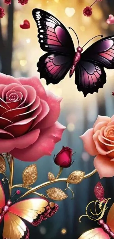 Artistic wallpaper featuring vibrant roses and a butterfly.