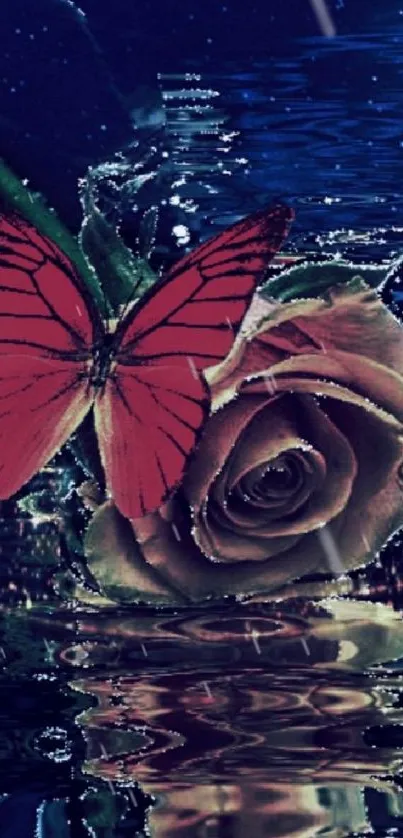 Red butterfly rests on rose with blue water reflection.