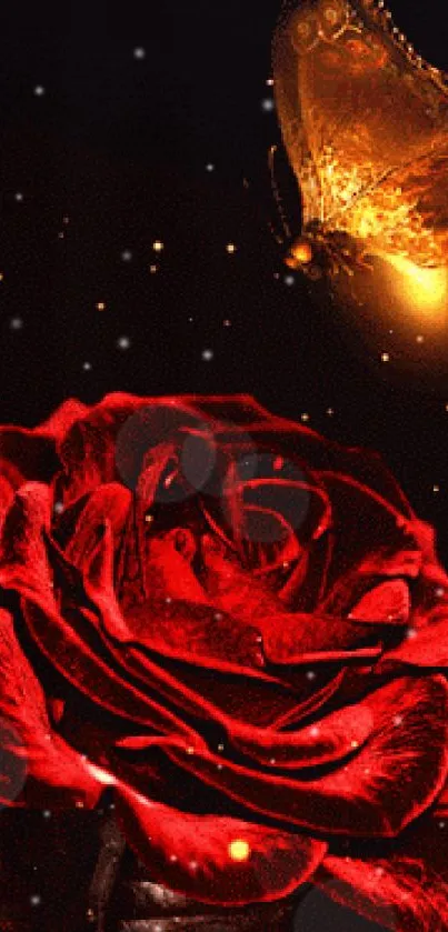 Elegant red rose with glowing butterfly art wallpaper.