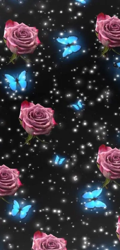 Red roses and blue butterflies on a starry black background.