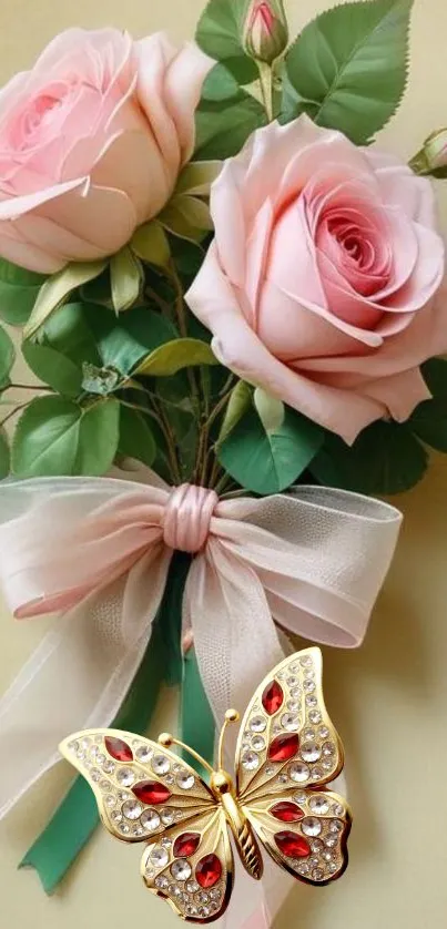 Elegant pink roses with jeweled butterfly on beige background.
