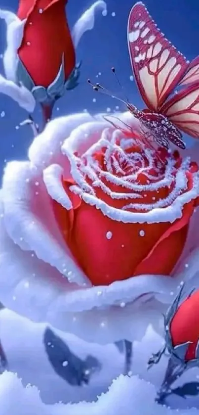 Red rose in snow with butterfly art wallpaper.