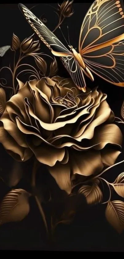 Golden rose with a butterfly on elegant wallpaper.