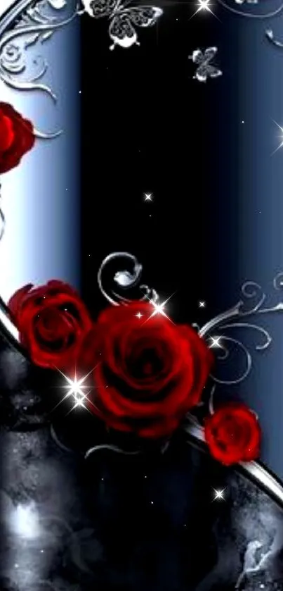 Elegant wallpaper with red roses and silver butterflies on black.