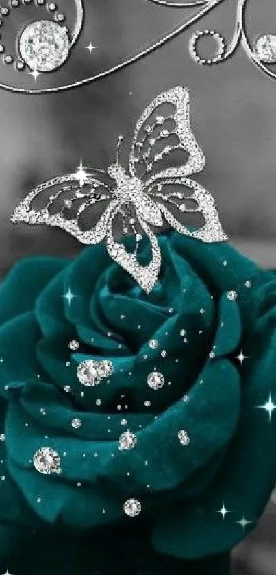 Emerald rose with silver butterfly and jewels on a gray backdrop.