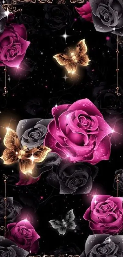 Pink roses and butterflies on black wallpaper design.