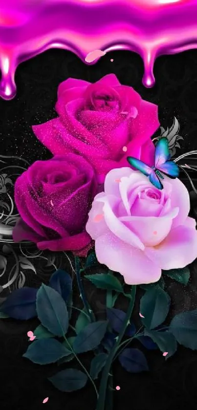 Stylish wallpaper with pink roses and butterfly on dark background.