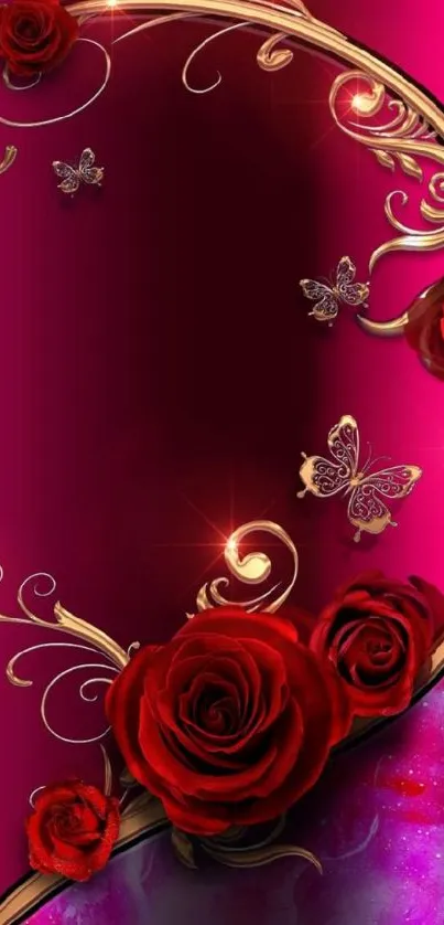 Vibrant red roses with golden swirls and butterflies on a dark pink background.