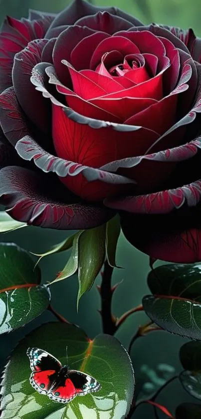 A vibrant red rose with a butterfly on glossy green leaves.