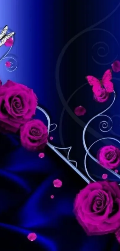 Elegant mobile wallpaper with pink roses and butterflies on a dark blue background.