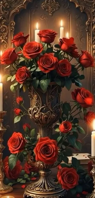 Red roses and candles in a vintage decor display.