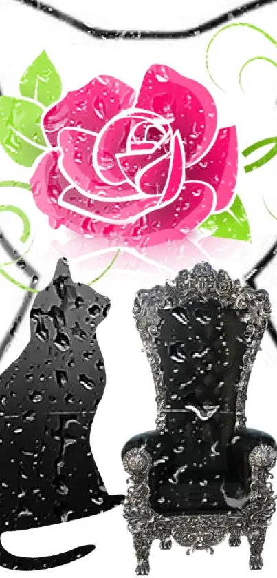 Pink rose, black cat, ornate throne wallpaper design.