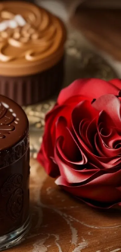 Close-up of a red rose beside a chocolate dessert.