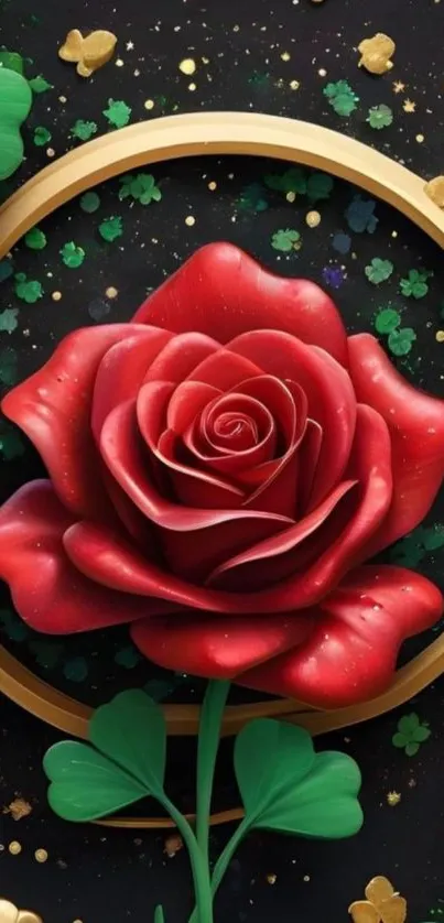 Red rose with clover leaves and golden rings design.