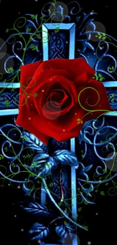 Red rose intertwined with a blue cross on black backdrop.