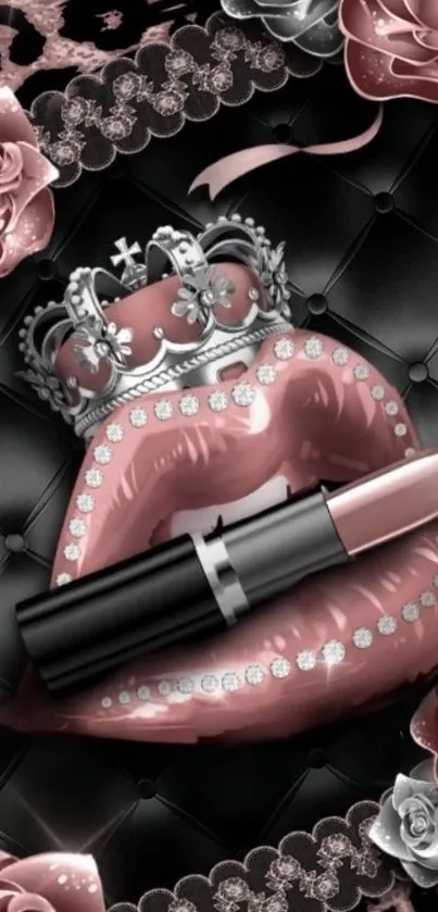 Artistic wallpaper of roses and crown with lipstick on black background.