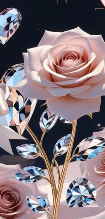 Elegant pink rose and crystal heart wallpaper art.