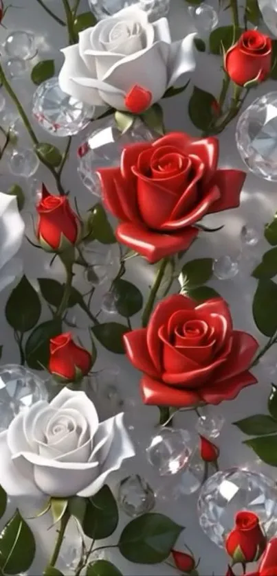 Red and white roses with crystal accents on a floral wallpaper.