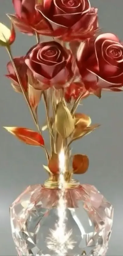 Elegant red roses with golden leaves in a crystal vase.