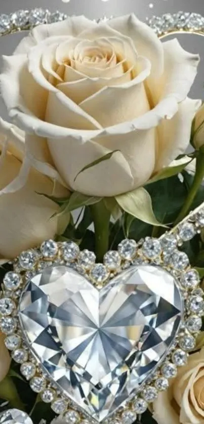 Cream roses with diamond heart accent wallpaper.