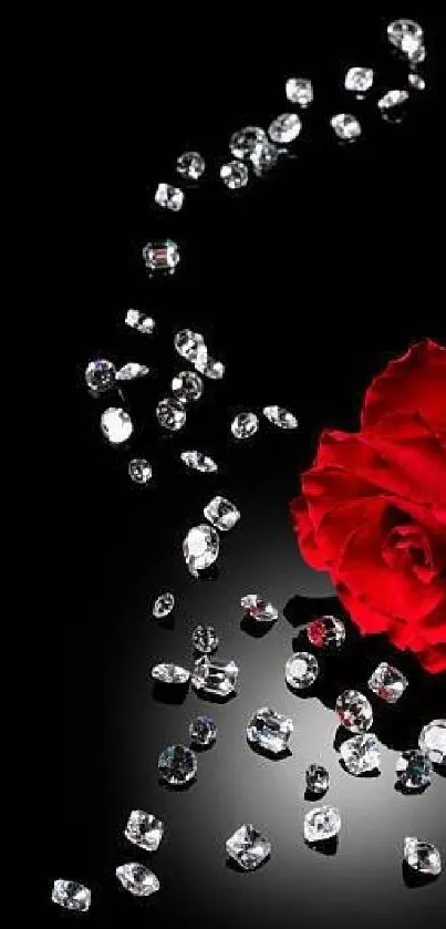 Red rose and sparkling diamonds on a black background wallpaper.