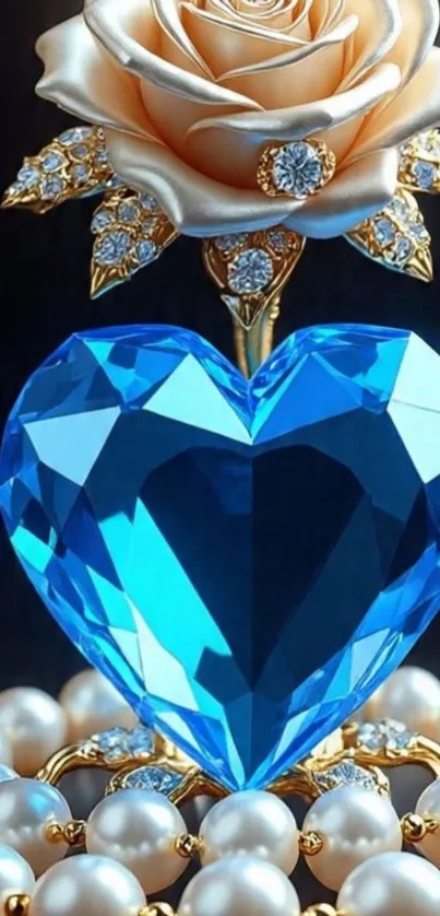 A golden rose with a blue gem heart and pearls.