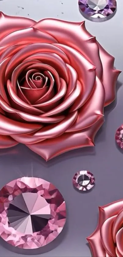 Elegant pink rose and gem wallpaper design.