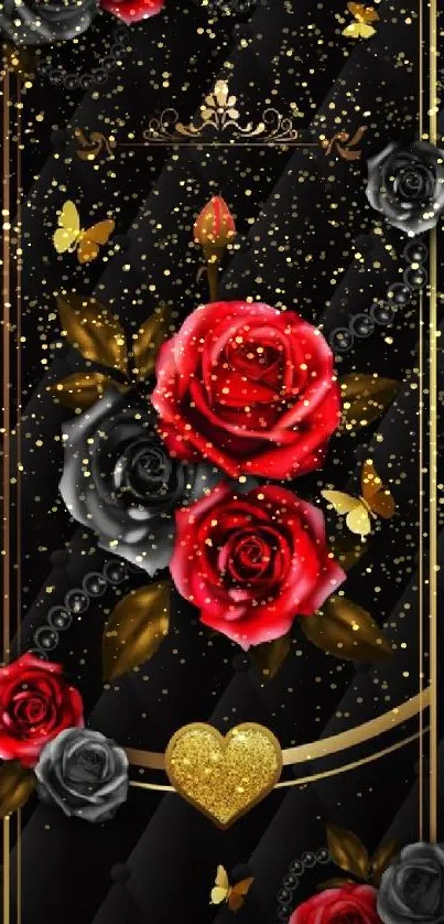 Elegant wallpaper with red and black roses and gold accents.