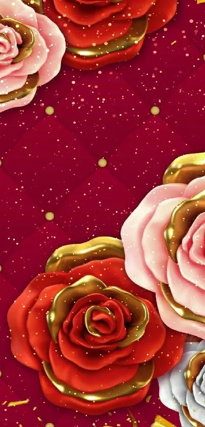 Elegant wallpaper with roses and gold on red background.